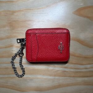 Coach Red Pebbled Leather Zip wallet with Silver Chain